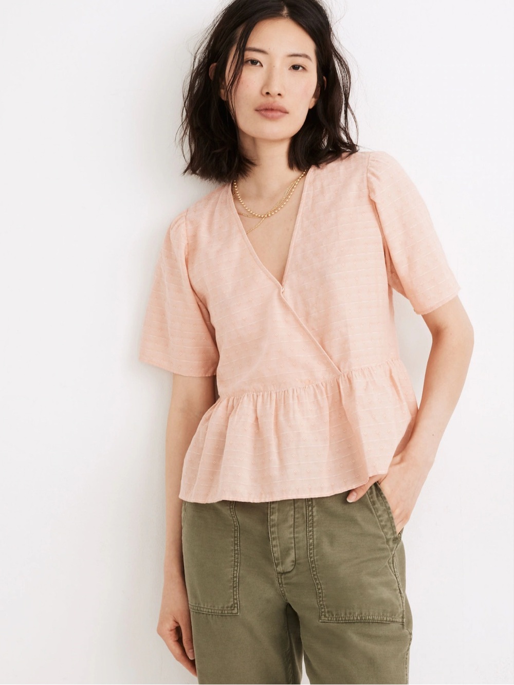 Madewell Crossover Peplum Top NA377 Coral Pink Textured Cotton Size Small